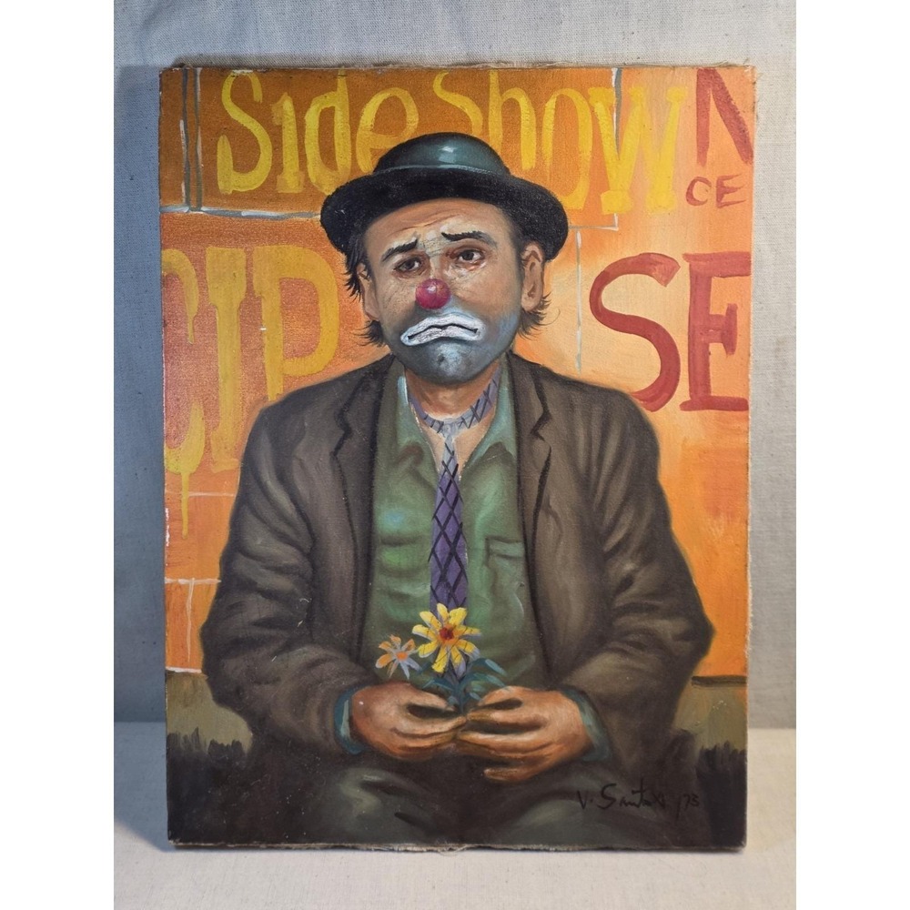 Original Oil Painting Sad Clown Signed V. Santos 1975‎ Folk Art 12x16 #002